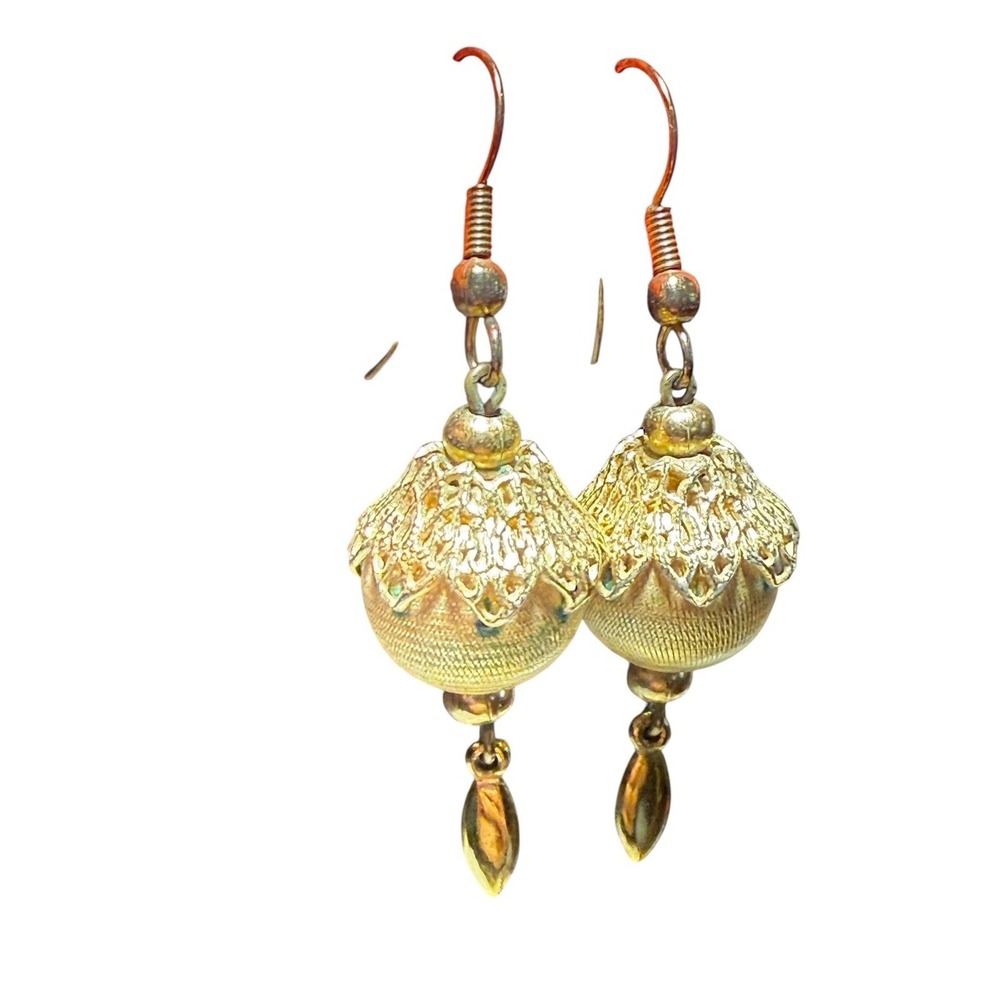 Vtg Gold Tone Filigree Drop Earrings Bead Dangle French Hook Boho Jewelry 2"
